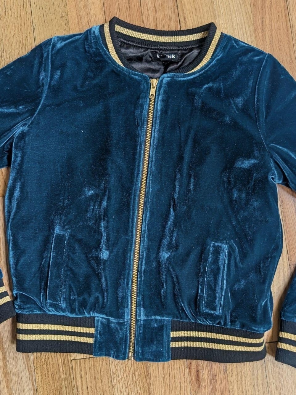 kidpik Teal Velvet Bomber Jacket with Gold Trim